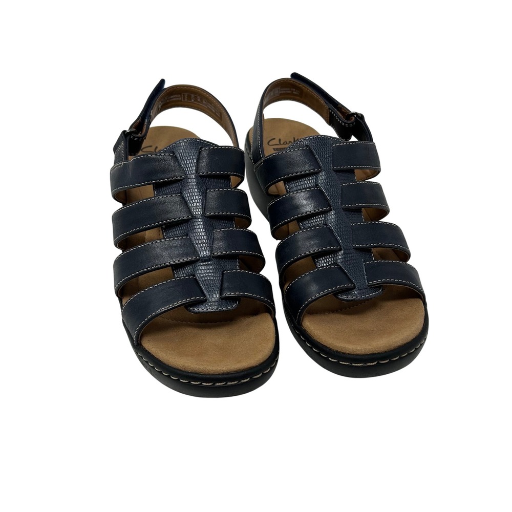Clarks Collection Navy Leather Wedge Sandals Multi‎ Strap Cushion Womens 7.5M